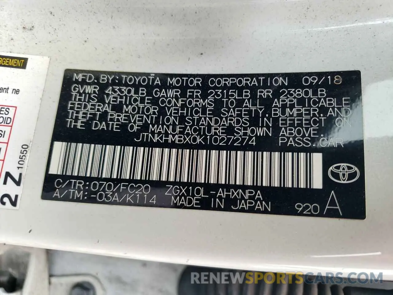 12 Photograph of a damaged car JTNKHMBX0K1027274 TOYOTA C-HR 2019