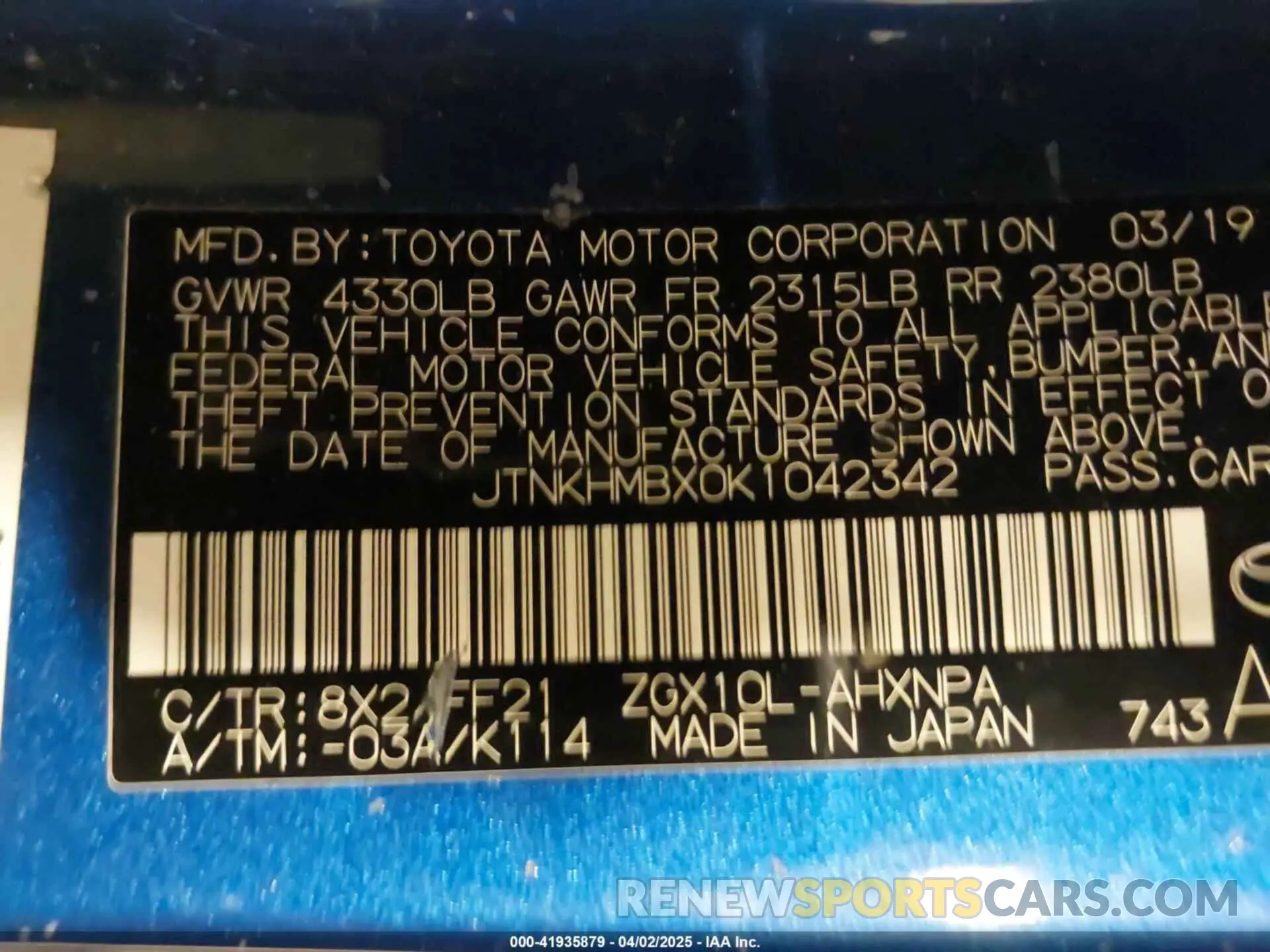 9 Photograph of a damaged car JTNKHMBX0K1042342 TOYOTA C-HR 2019