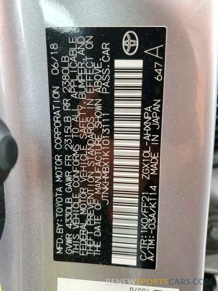 13 Photograph of a damaged car JTNKHMBX1K1013111 TOYOTA C-HR 2019