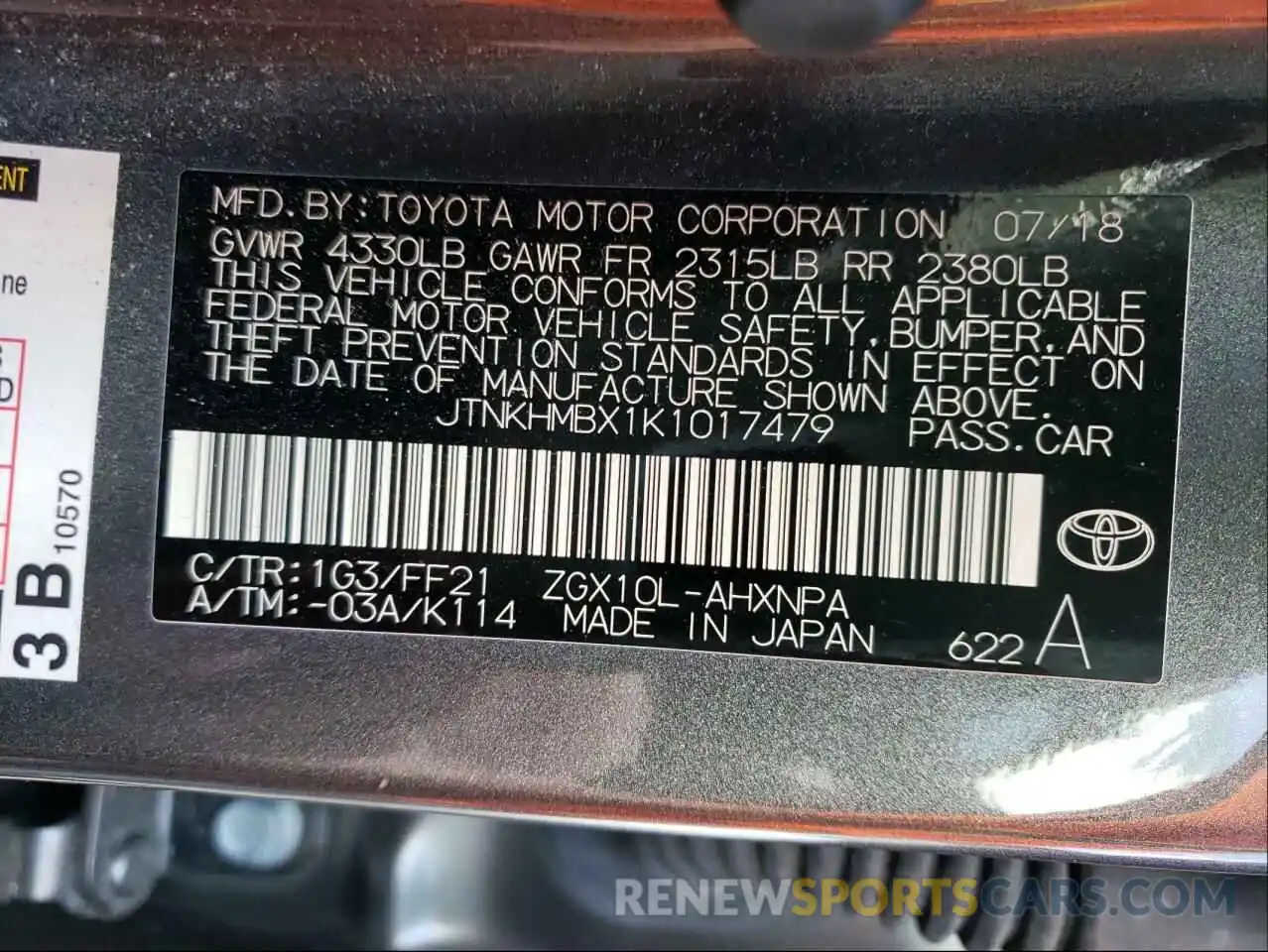 10 Photograph of a damaged car JTNKHMBX1K1017479 TOYOTA C-HR 2019