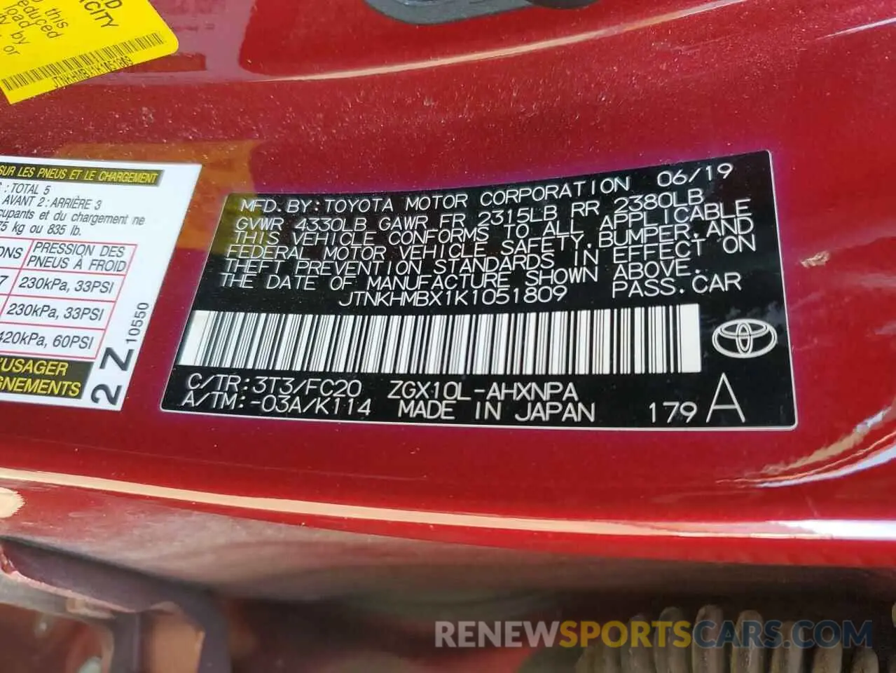 13 Photograph of a damaged car JTNKHMBX1K1051809 TOYOTA C-HR 2019