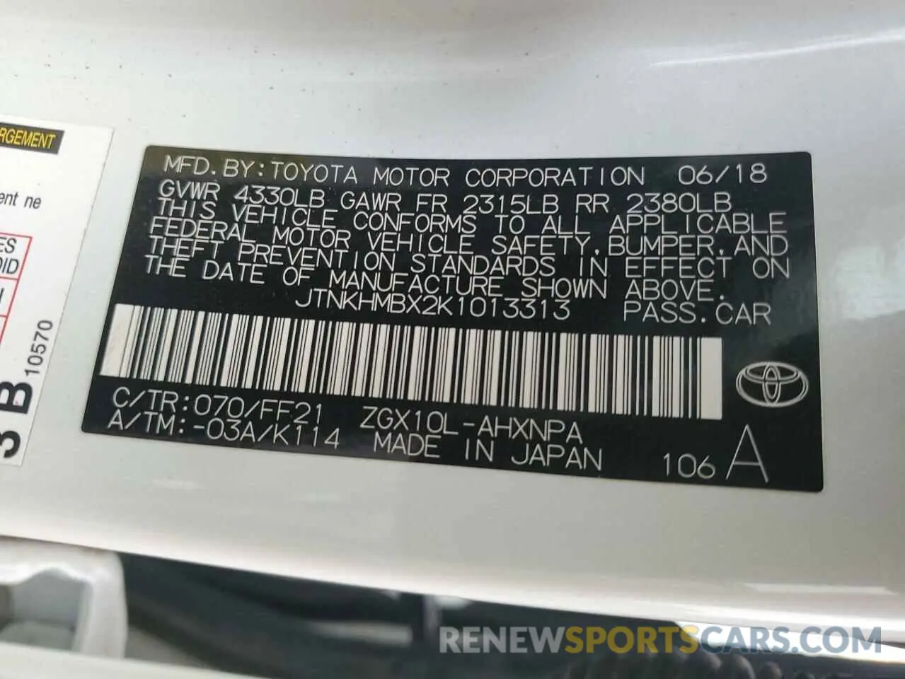 14 Photograph of a damaged car JTNKHMBX2K1013313 TOYOTA C-HR 2019