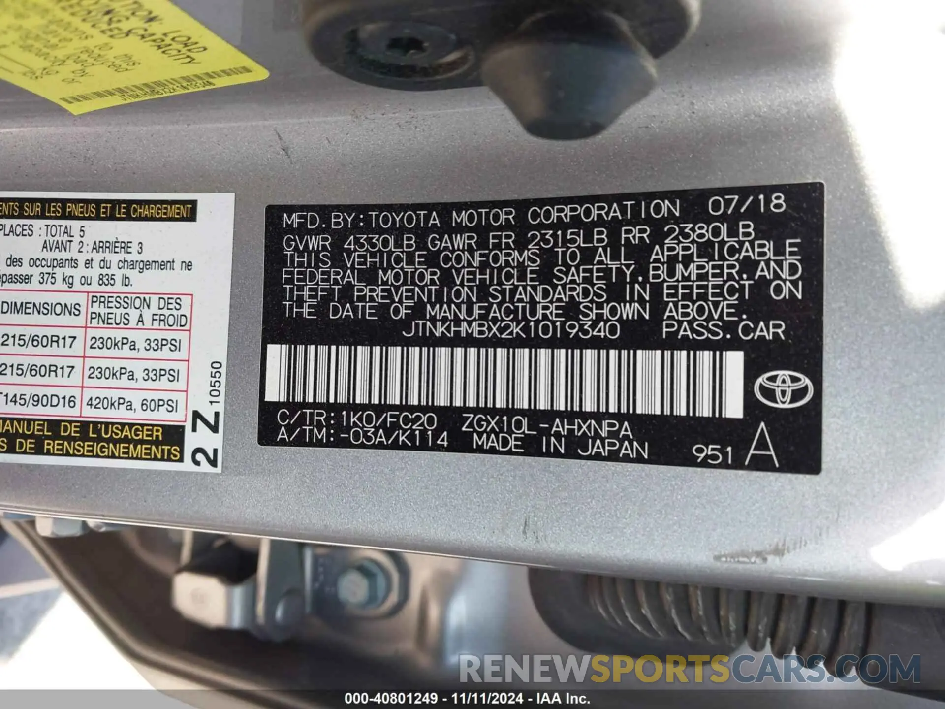 9 Photograph of a damaged car JTNKHMBX2K1019340 TOYOTA C-HR 2019