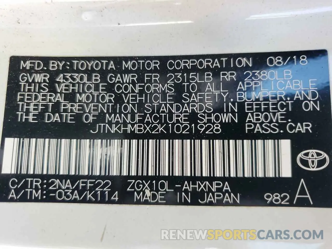 14 Photograph of a damaged car JTNKHMBX2K1021928 TOYOTA C-HR 2019
