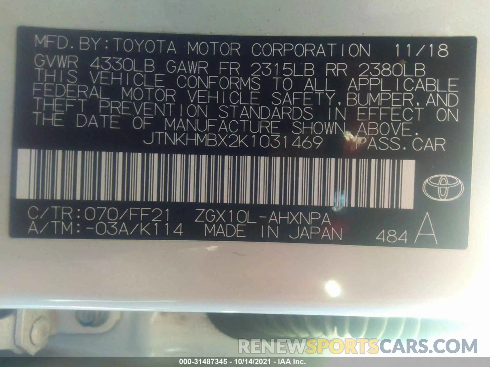 9 Photograph of a damaged car JTNKHMBX2K1031469 TOYOTA C-HR 2019