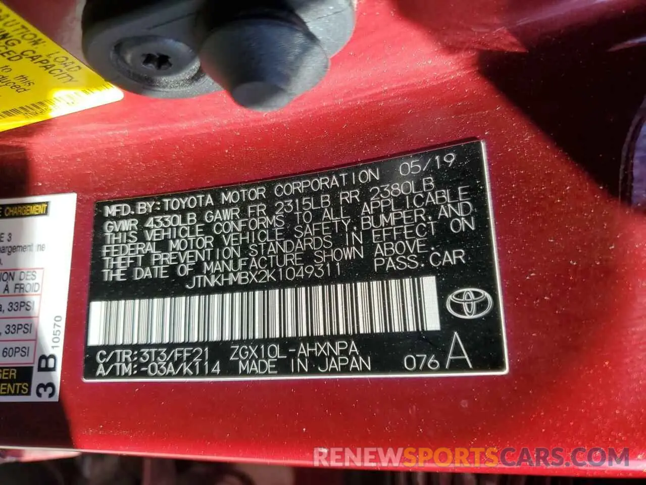 13 Photograph of a damaged car JTNKHMBX2K1049311 TOYOTA C-HR 2019