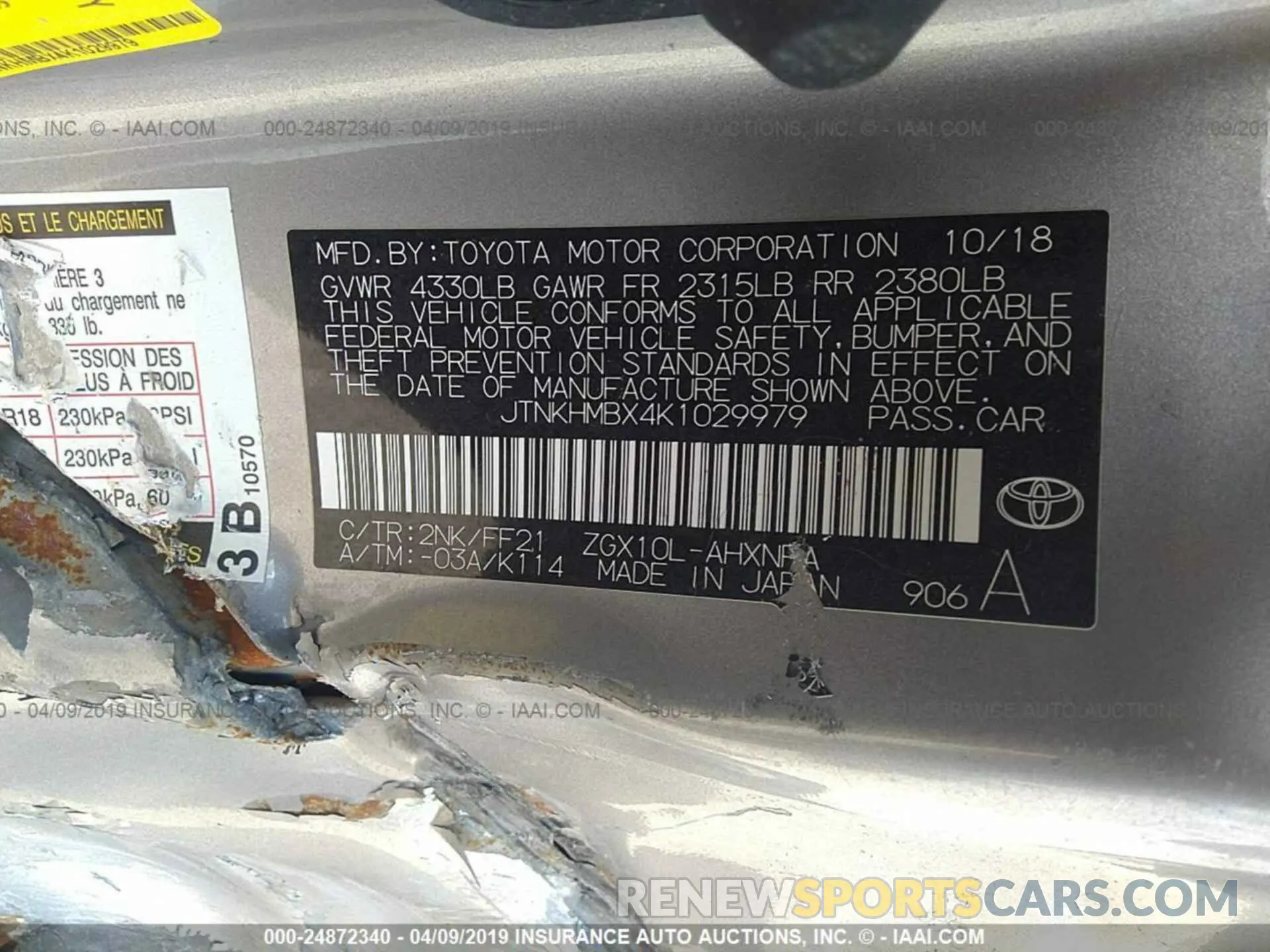 9 Photograph of a damaged car JTNKHMBX4K1029979 TOYOTA C-HR 2019