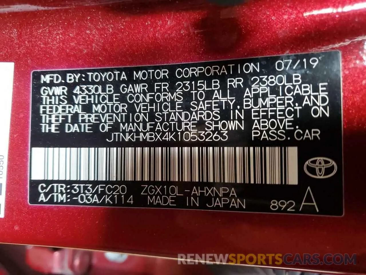 13 Photograph of a damaged car JTNKHMBX4K1053263 TOYOTA C-HR 2019