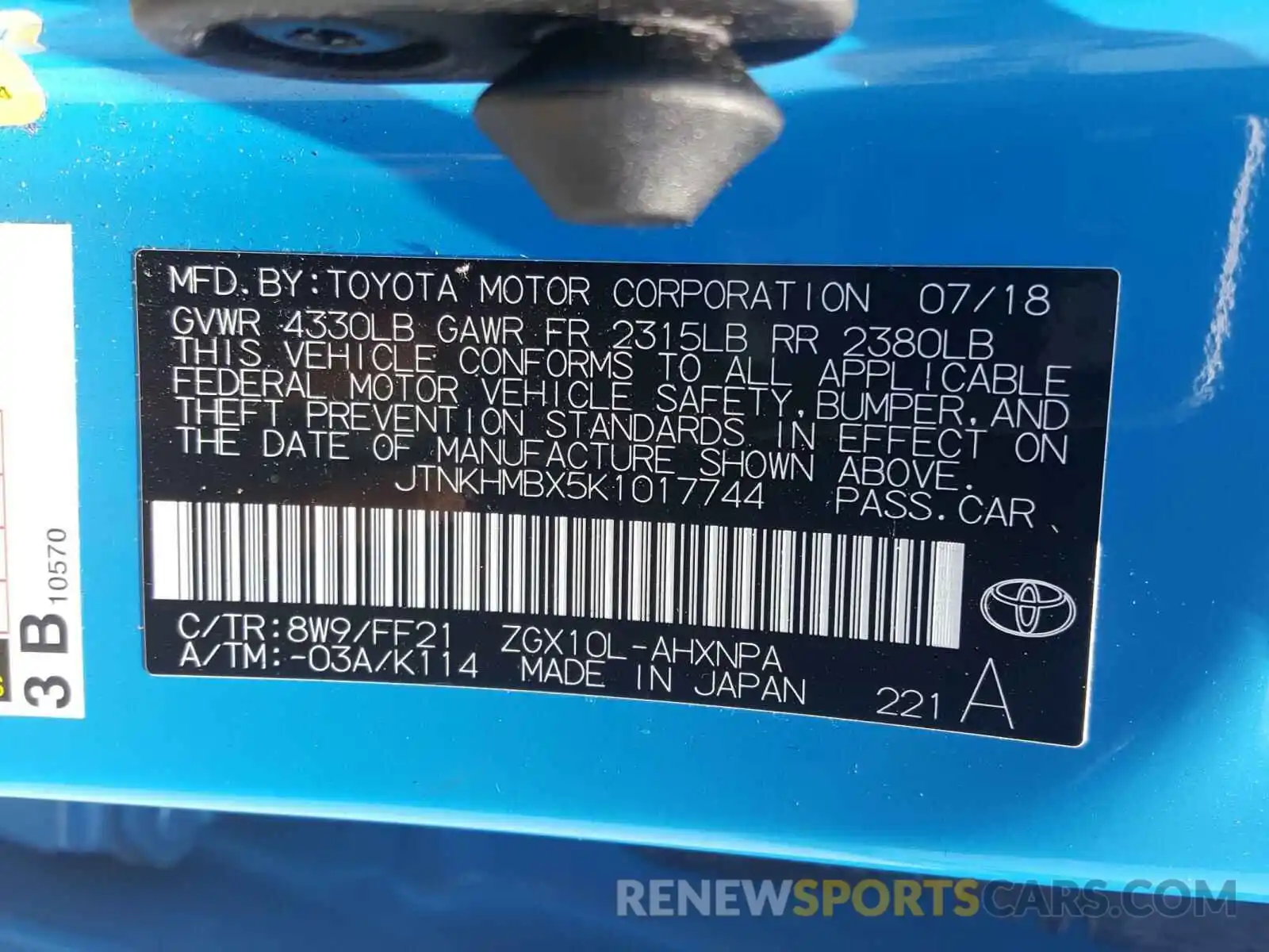 10 Photograph of a damaged car JTNKHMBX5K1017744 TOYOTA C-HR 2019