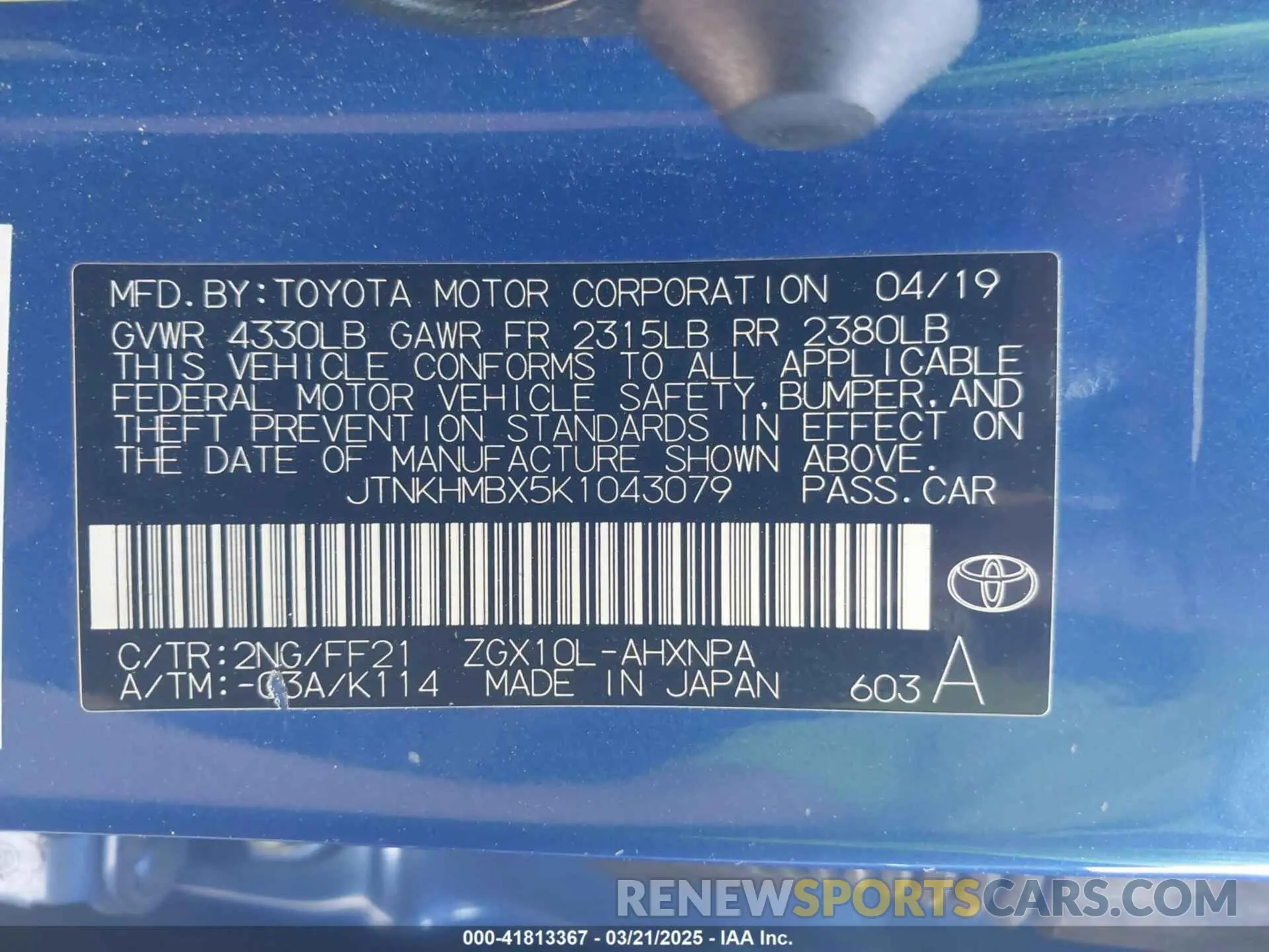 9 Photograph of a damaged car JTNKHMBX5K1043079 TOYOTA C-HR 2019