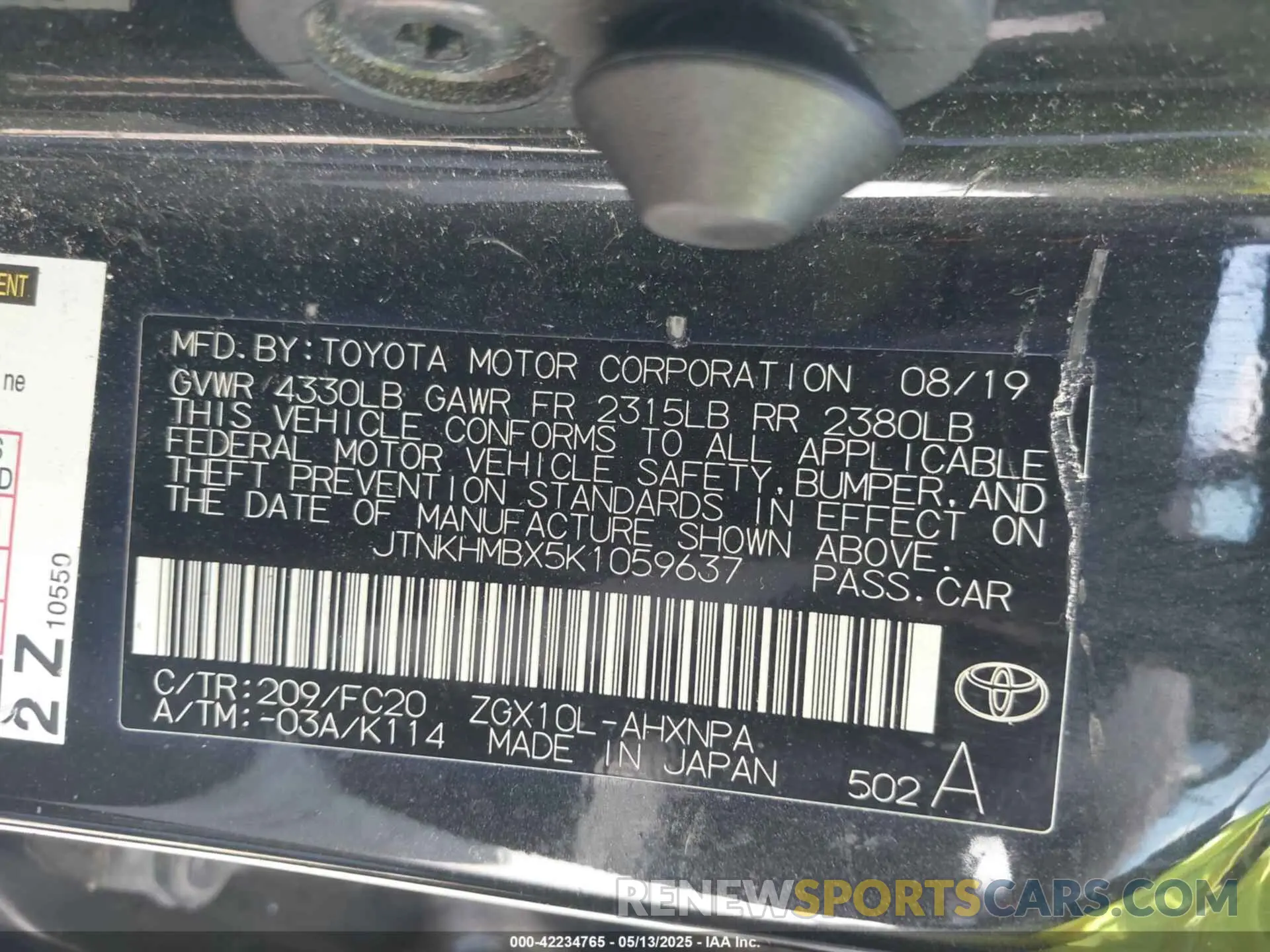 9 Photograph of a damaged car JTNKHMBX5K1059637 TOYOTA C-HR 2019