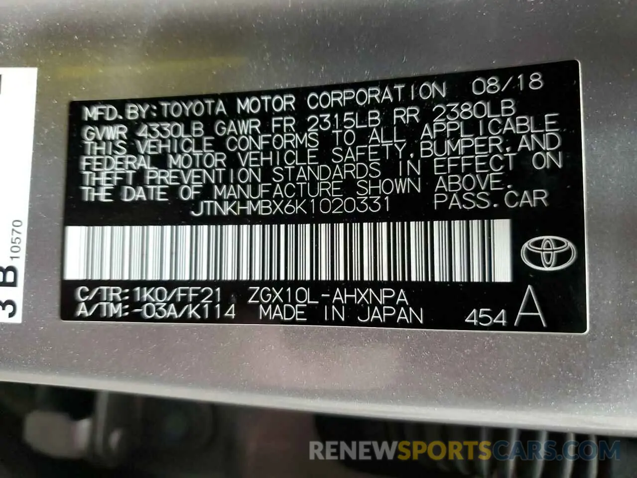 14 Photograph of a damaged car JTNKHMBX6K1020331 TOYOTA C-HR 2019