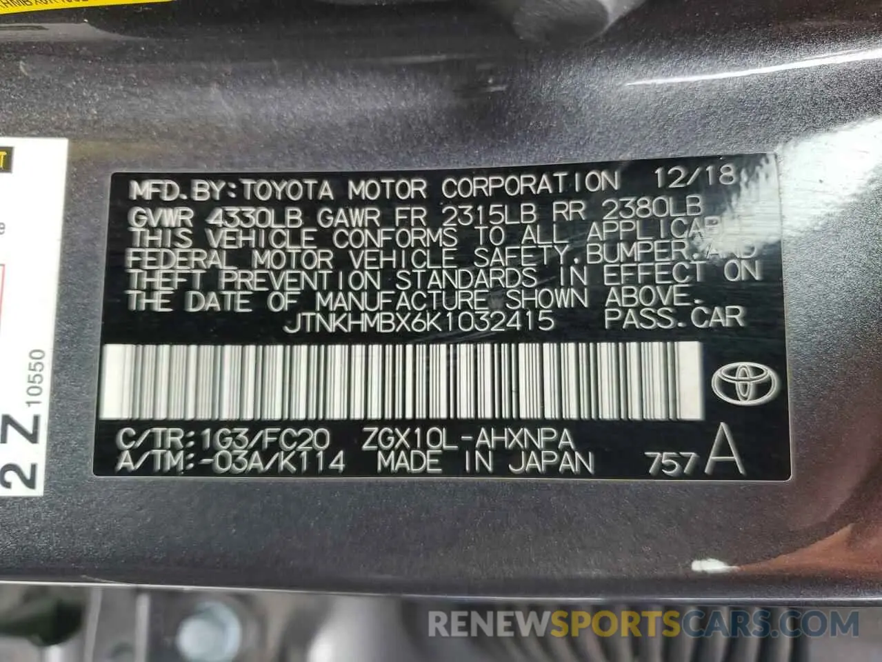 13 Photograph of a damaged car JTNKHMBX6K1032415 TOYOTA C-HR 2019