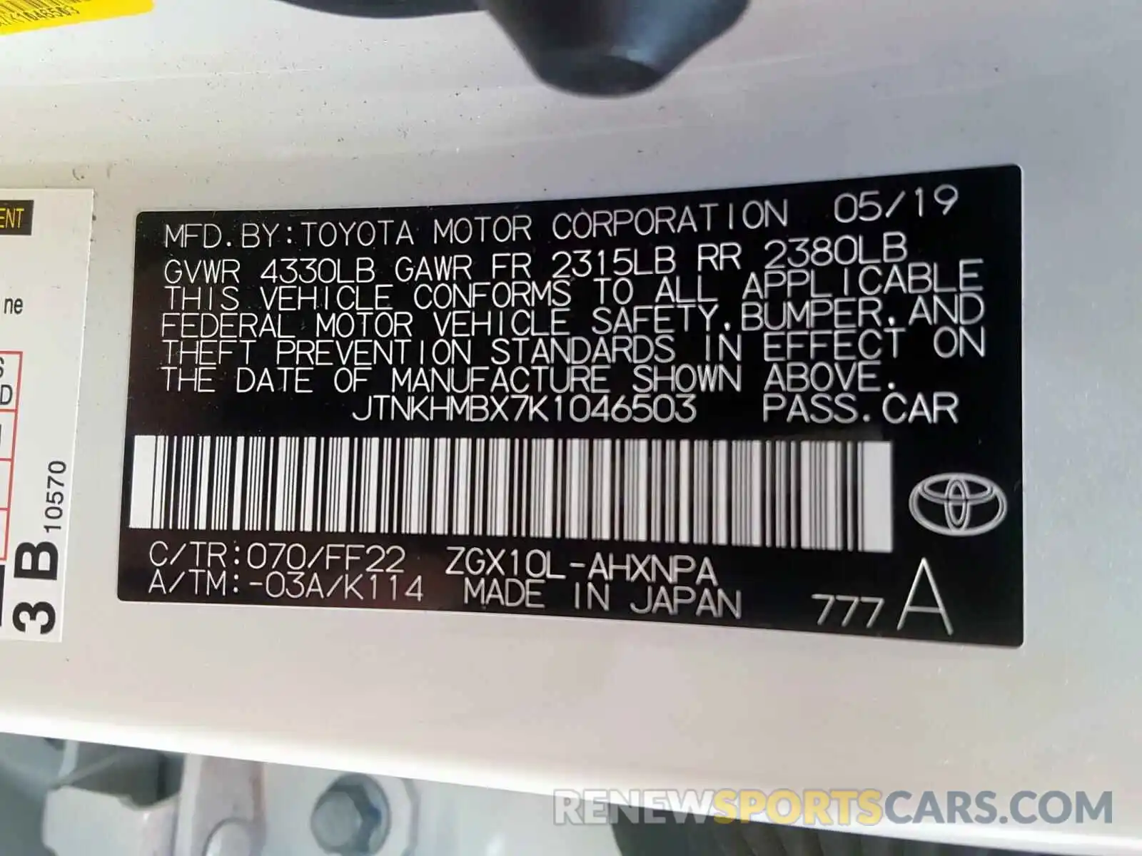 10 Photograph of a damaged car JTNKHMBX7K1046503 TOYOTA C-HR 2019