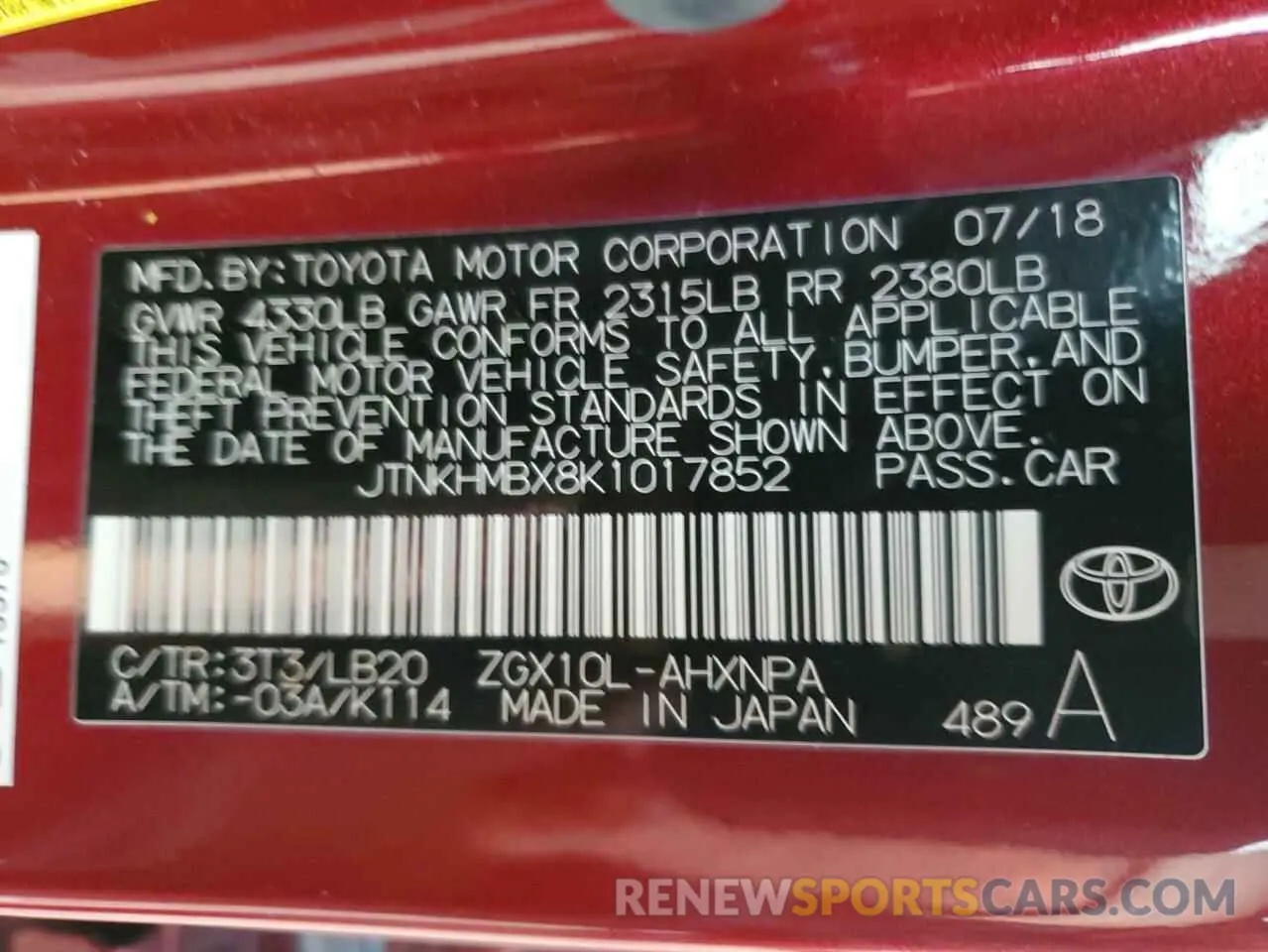 13 Photograph of a damaged car JTNKHMBX8K1017852 TOYOTA C-HR 2019