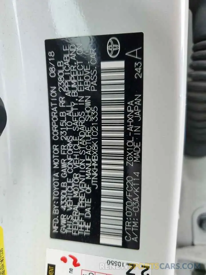 12 Photograph of a damaged car JTNKHMBX8K1021335 TOYOTA C-HR 2019