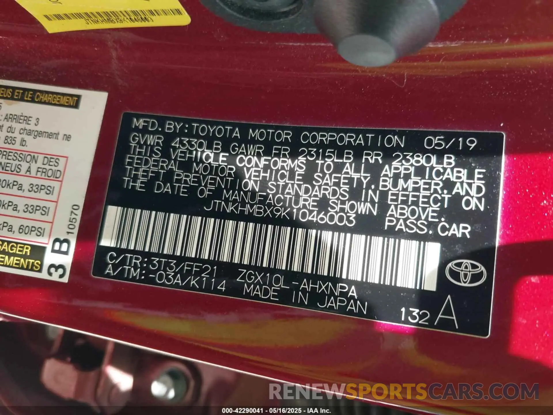 9 Photograph of a damaged car JTNKHMBX9K1046003 TOYOTA C-HR 2019