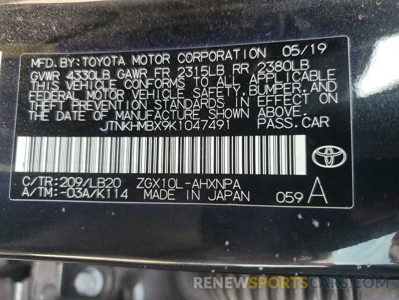 12 Photograph of a damaged car JTNKHMBX9K1047491 TOYOTA C-HR 2019