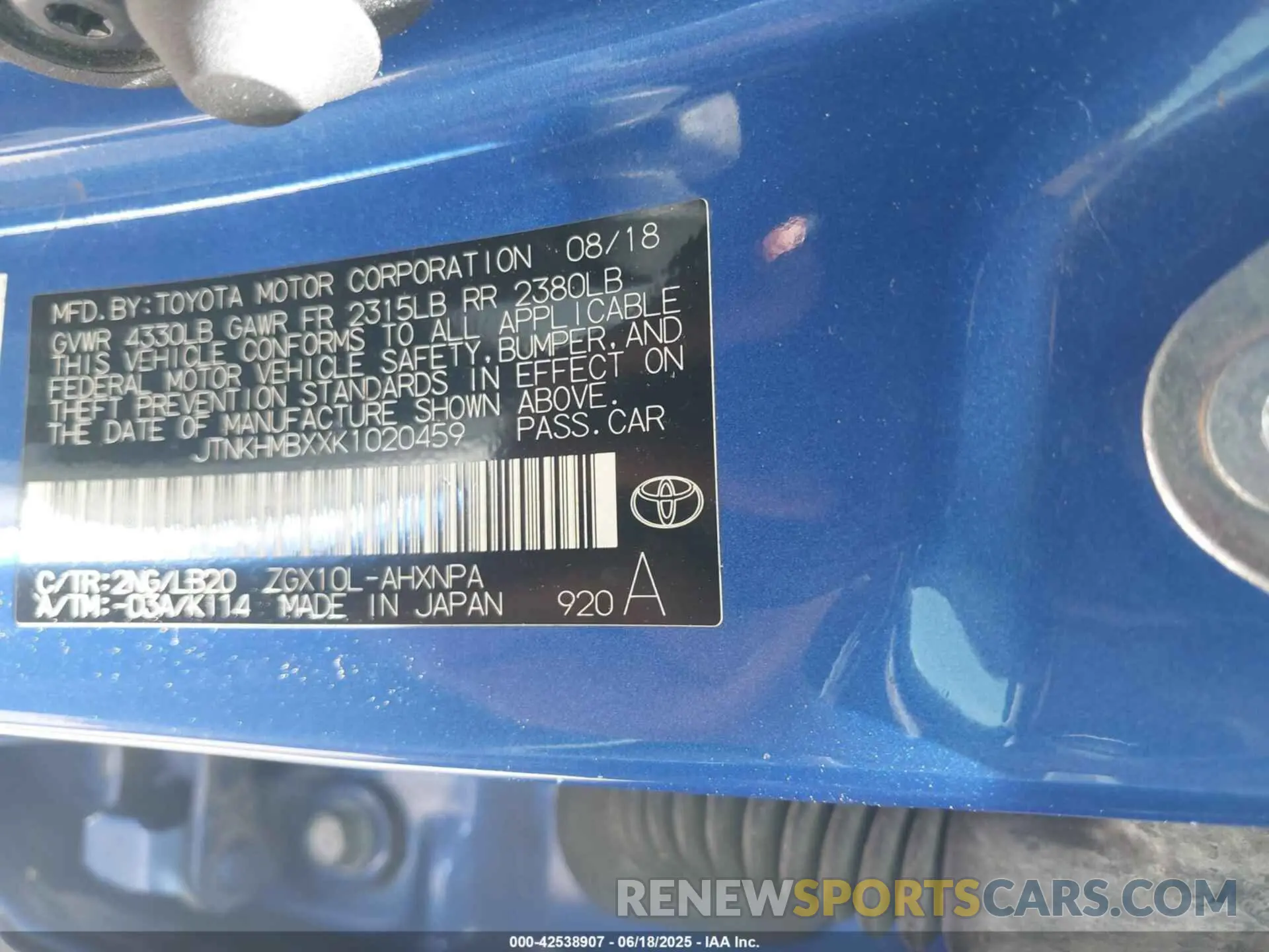 9 Photograph of a damaged car JTNKHMBXXK1020459 TOYOTA C-HR 2019
