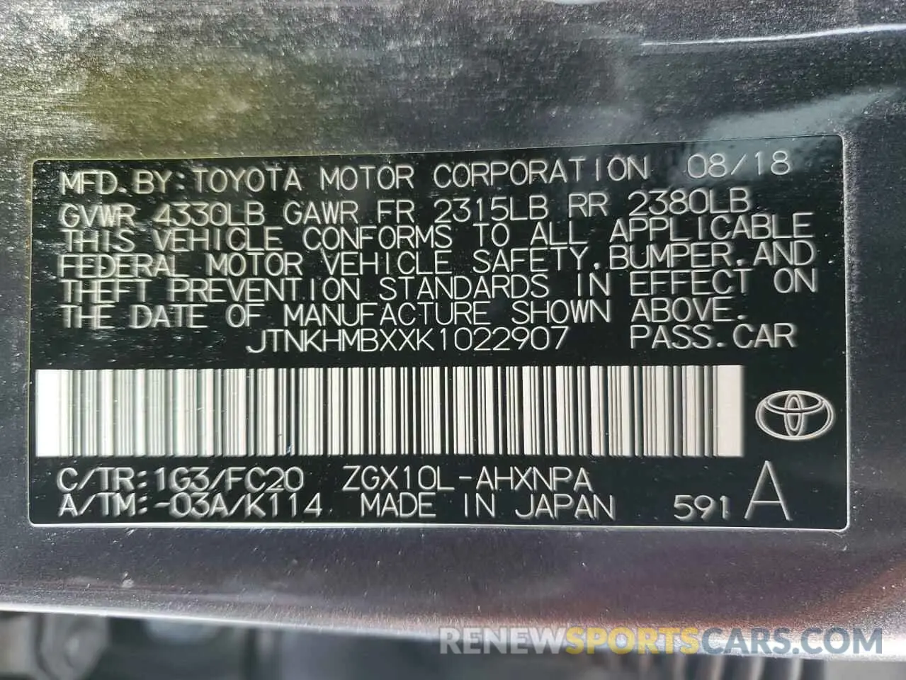 12 Photograph of a damaged car JTNKHMBXXK1022907 TOYOTA C-HR 2019