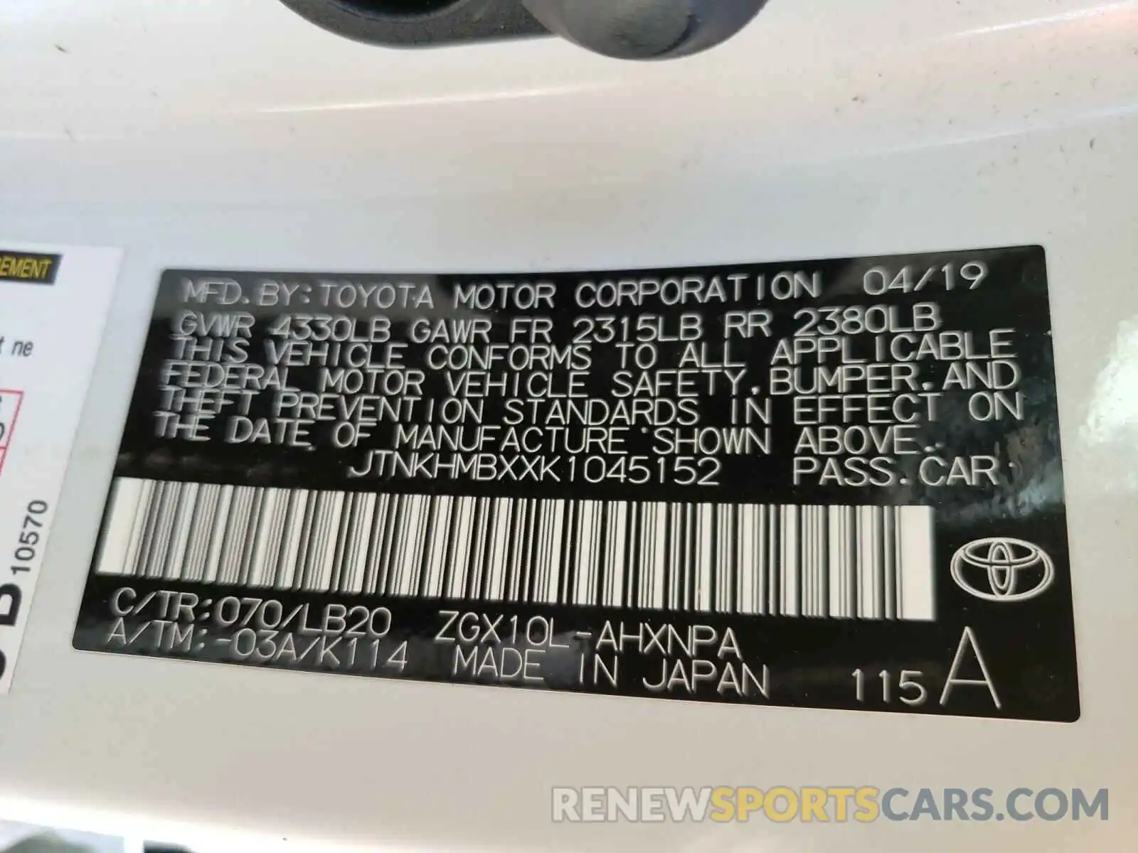 10 Photograph of a damaged car JTNKHMBXXK1045152 TOYOTA C-HR 2019