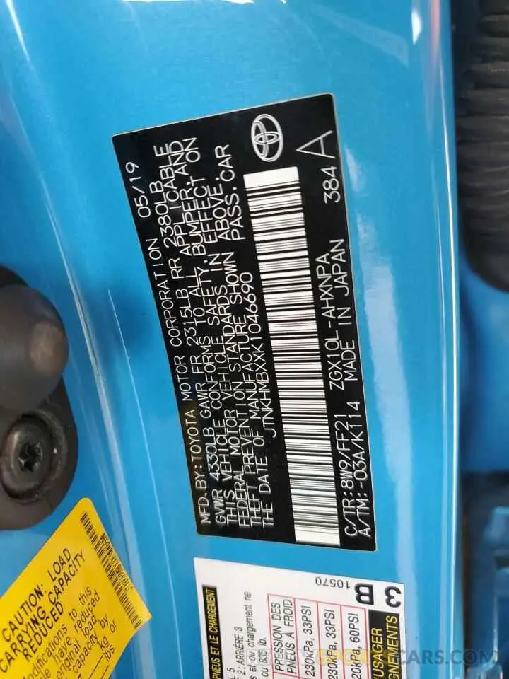 12 Photograph of a damaged car JTNKHMBXXK1046690 TOYOTA C-HR 2019