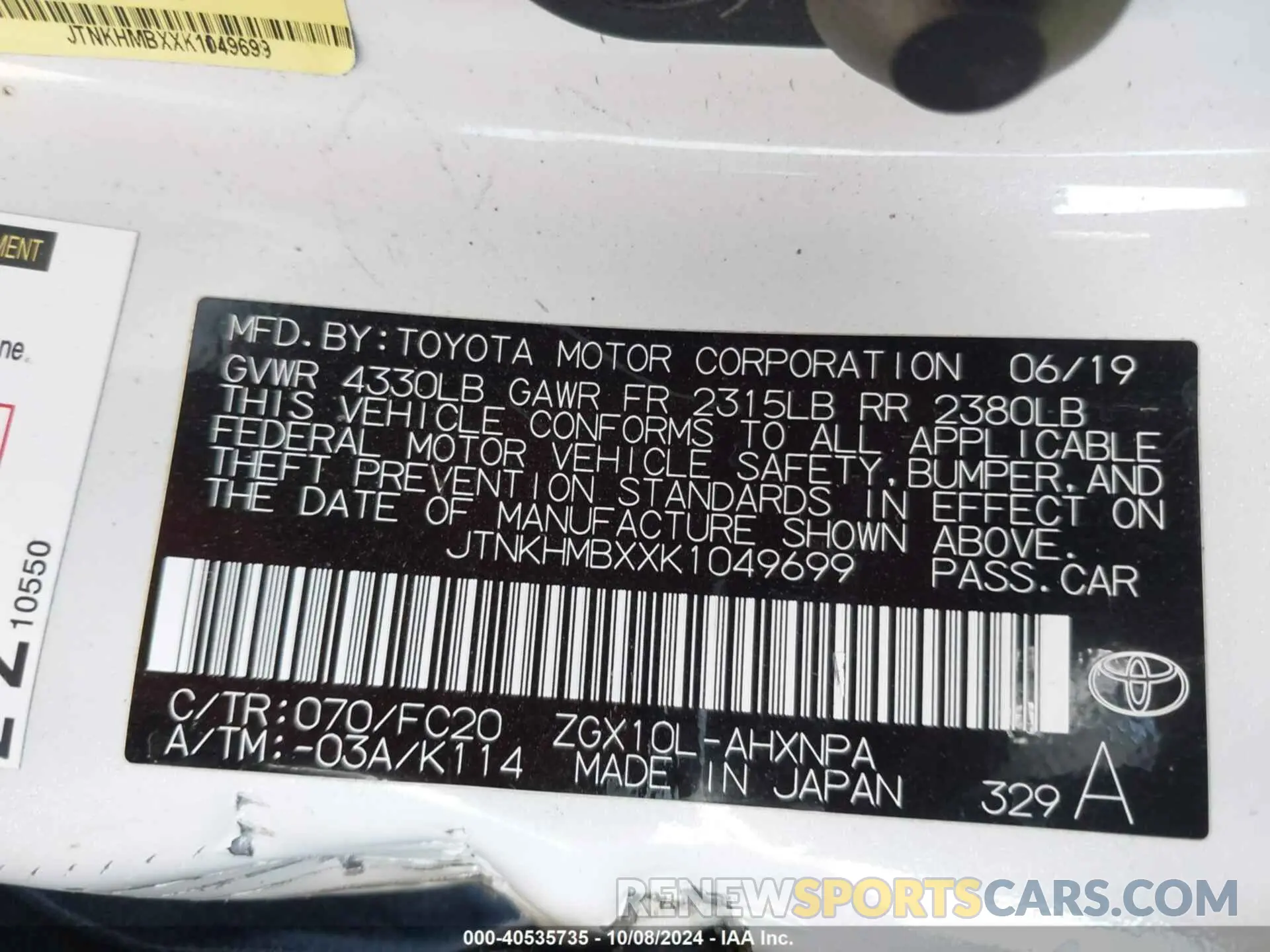 9 Photograph of a damaged car JTNKHMBXXK1049699 TOYOTA C-HR 2019