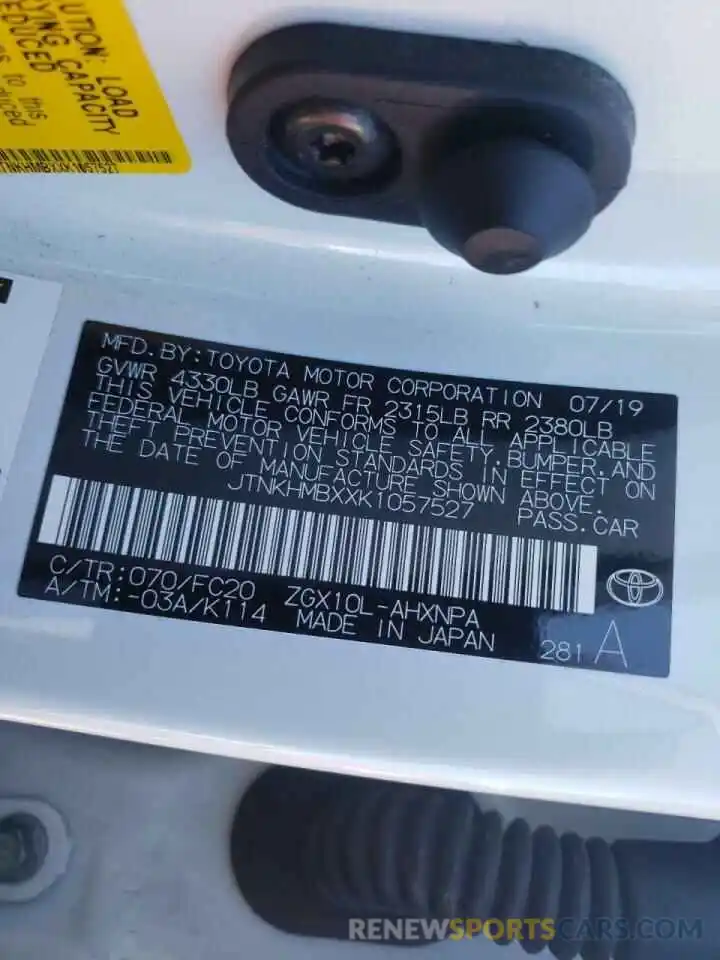 10 Photograph of a damaged car JTNKHMBXXK1057527 TOYOTA C-HR 2019