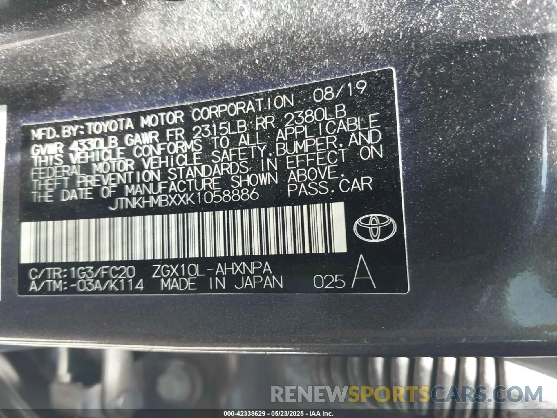9 Photograph of a damaged car JTNKHMBXXK1058886 TOYOTA C-HR 2019