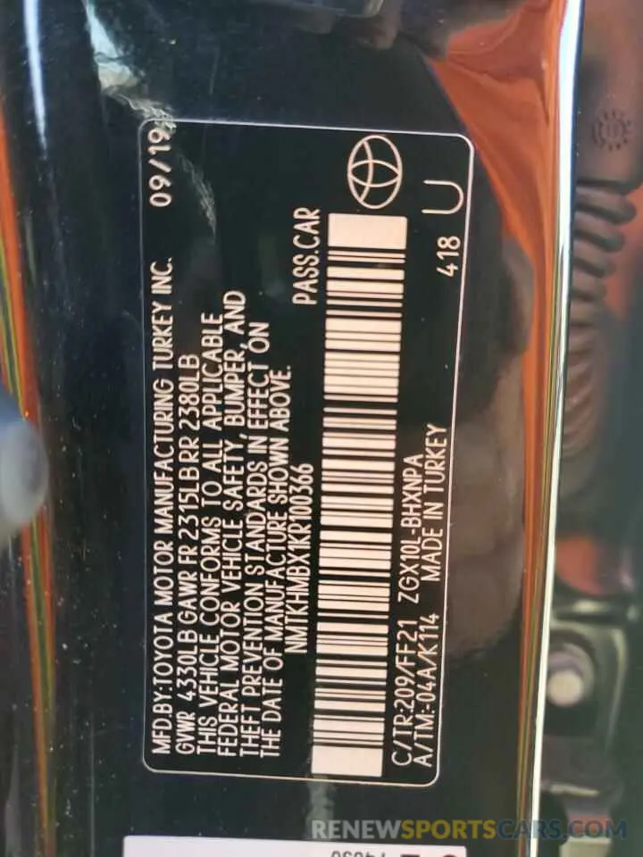 13 Photograph of a damaged car NMTKHMBX1KR100366 TOYOTA C-HR 2019