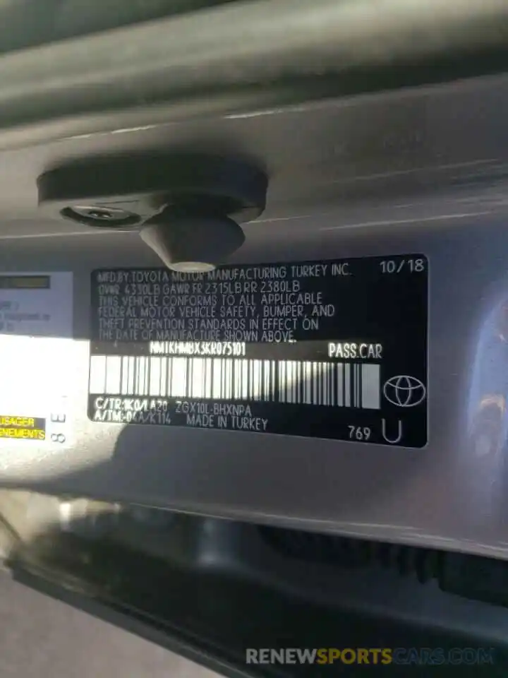 10 Photograph of a damaged car NMTKHMBX3KR075101 TOYOTA C-HR 2019