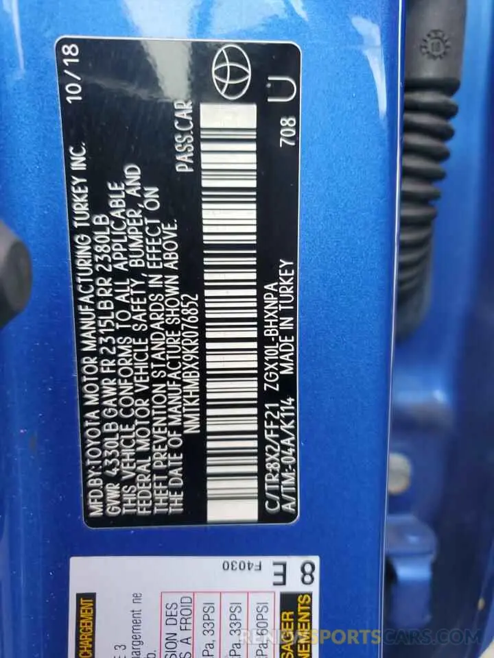 13 Photograph of a damaged car NMTKHMBX9KR076852 TOYOTA C-HR 2019