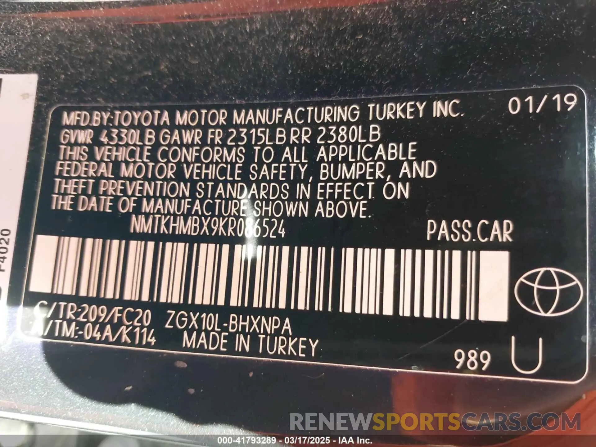 9 Photograph of a damaged car NMTKHMBX9KR086524 TOYOTA C-HR 2019