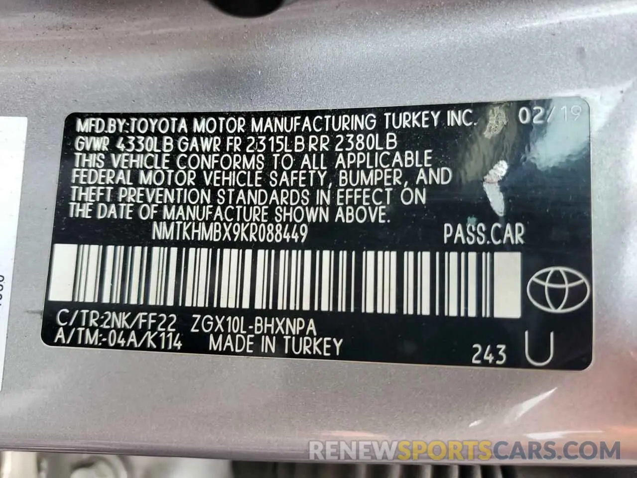 12 Photograph of a damaged car NMTKHMBX9KR088449 TOYOTA C-HR 2019