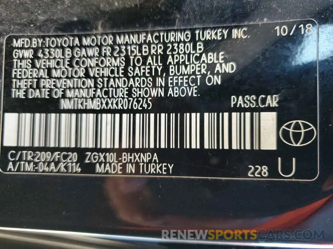13 Photograph of a damaged car NMTKHMBXXKR076245 TOYOTA C-HR 2019