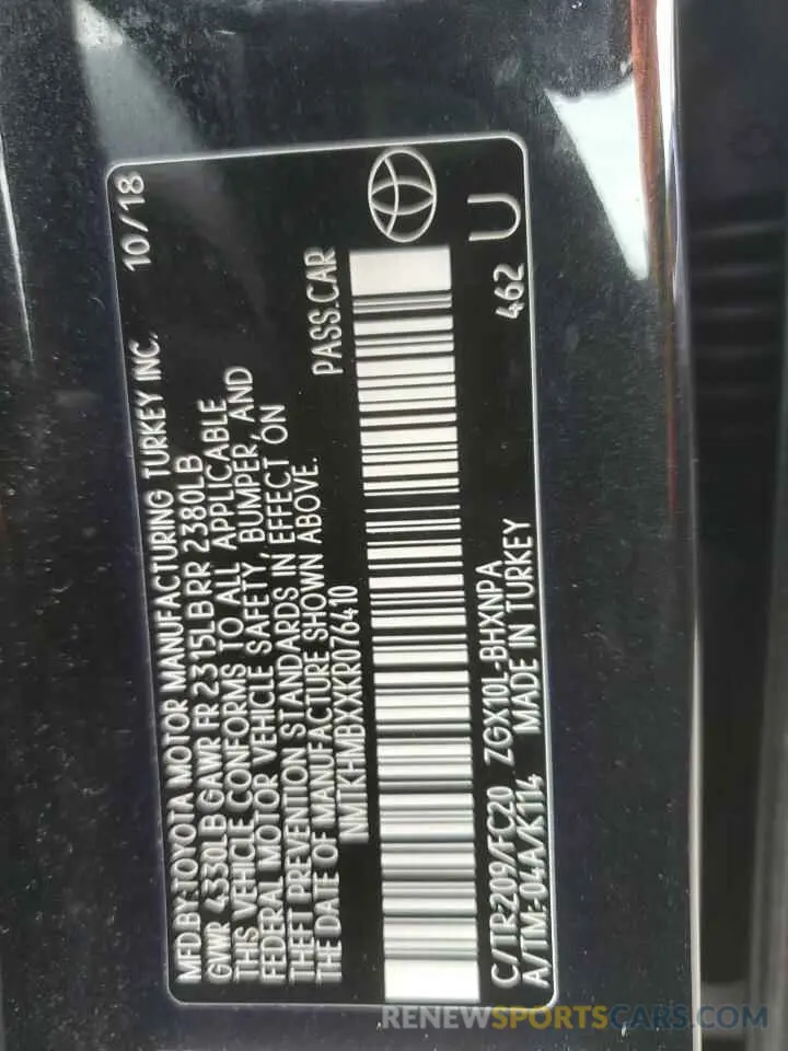 13 Photograph of a damaged car NMTKHMBXXKR076410 TOYOTA C-HR 2019