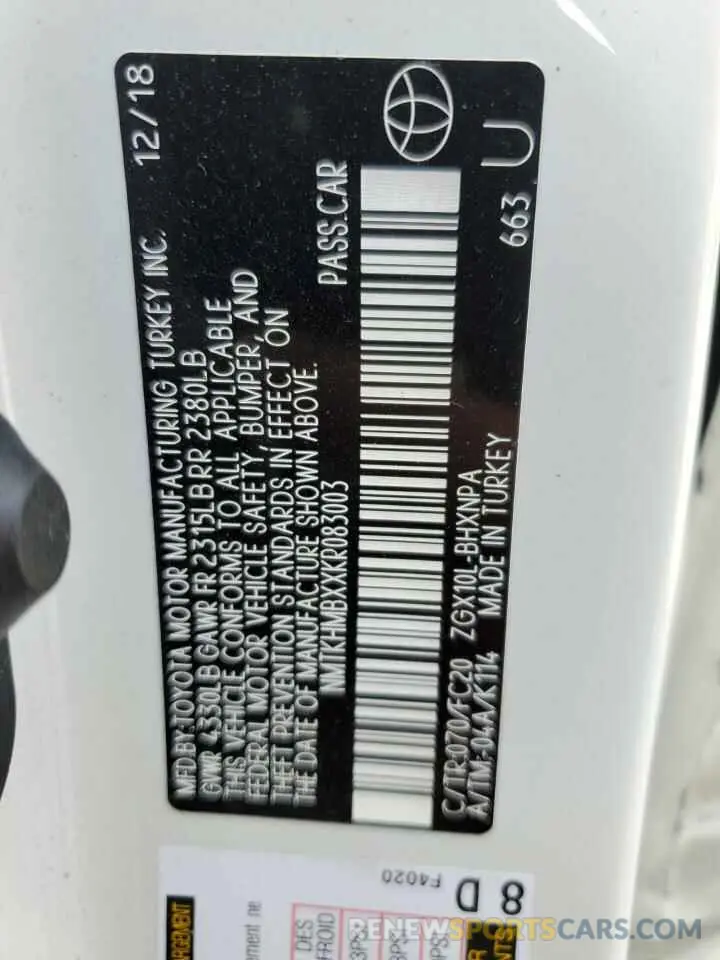 10 Photograph of a damaged car NMTKHMBXXKR083003 TOYOTA C-HR 2019