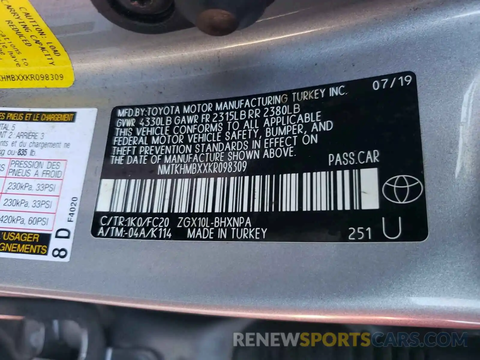 10 Photograph of a damaged car NMTKHMBXXKR098309 TOYOTA C-HR 2019