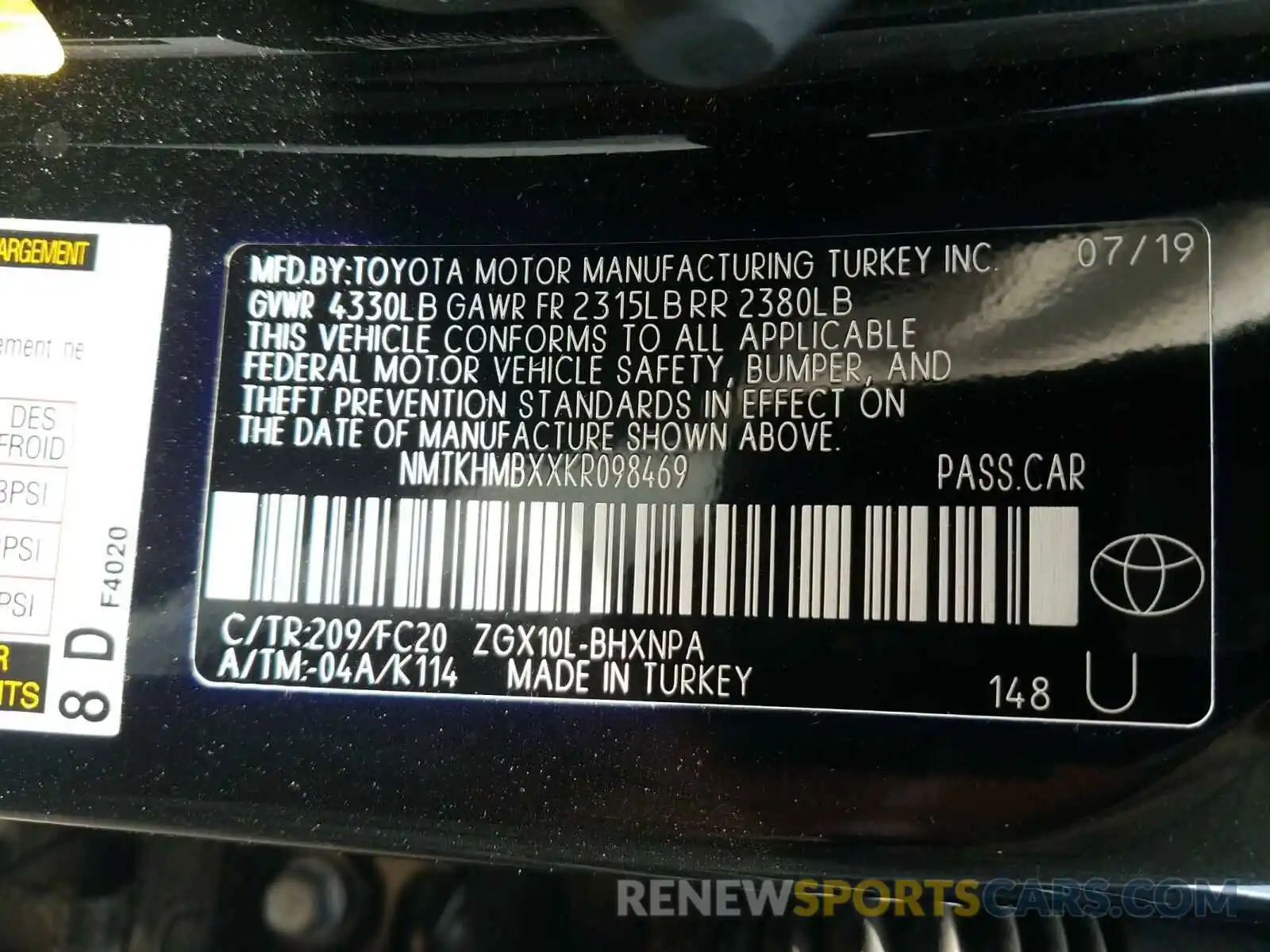 10 Photograph of a damaged car NMTKHMBXXKR098469 TOYOTA C-HR 2019