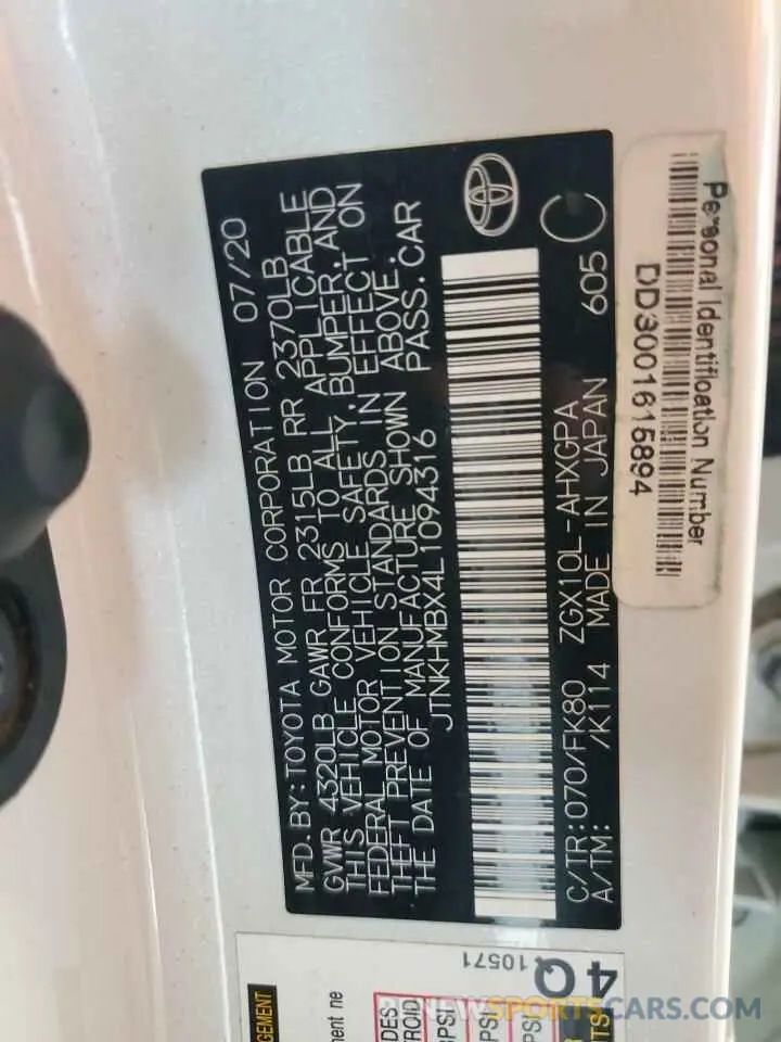 12 Photograph of a damaged car JTNKHMBX4L1094316 TOYOTA C-HR 2020