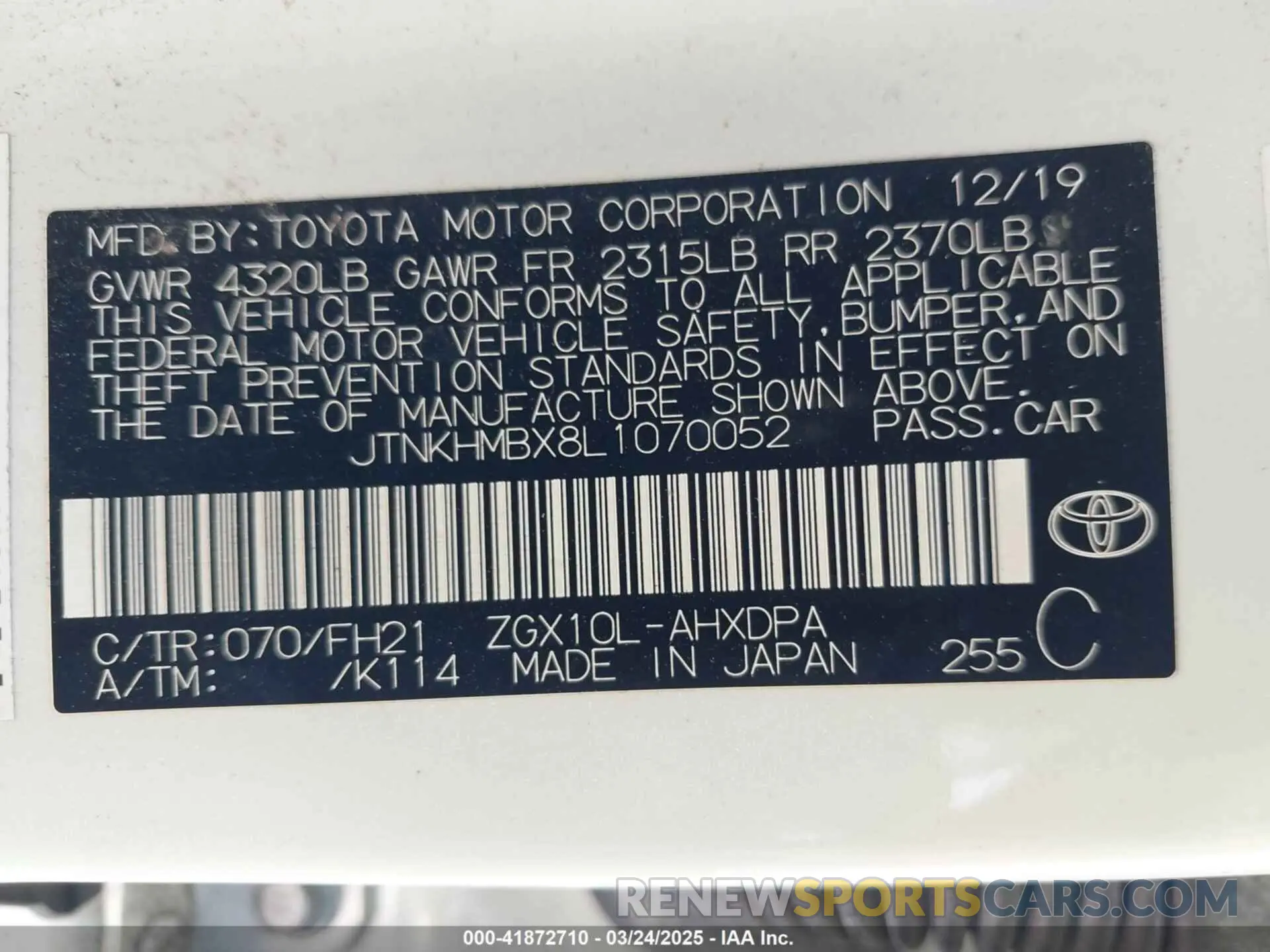 9 Photograph of a damaged car JTNKHMBX8L1070052 TOYOTA C-HR 2020