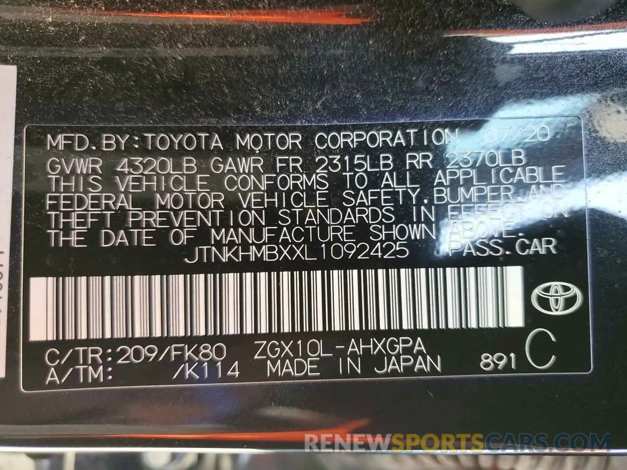 12 Photograph of a damaged car JTNKHMBXXL1092425 TOYOTA C-HR 2020