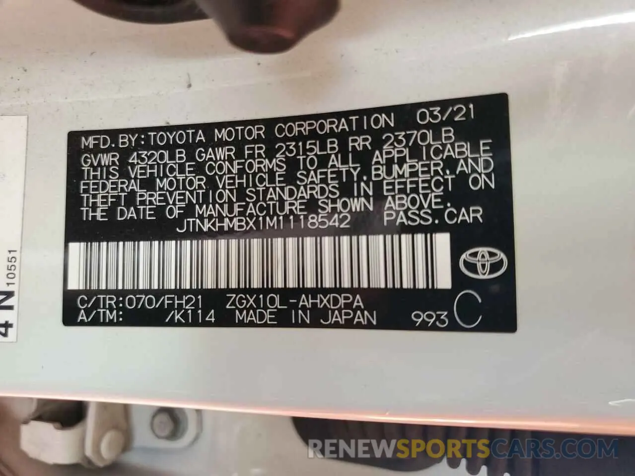 13 Photograph of a damaged car JTNKHMBX1M1118542 TOYOTA C-HR 2021