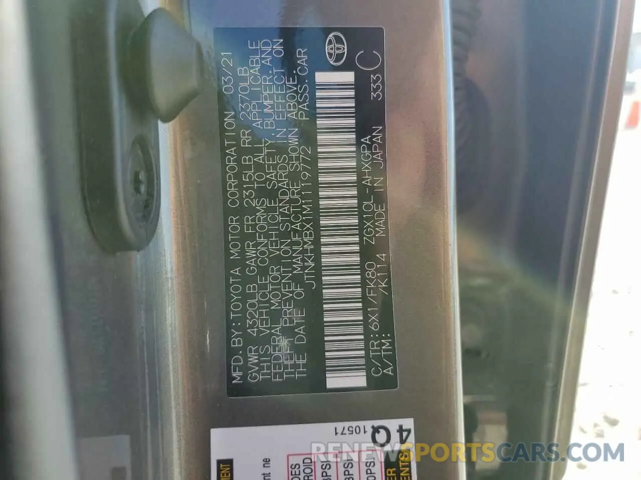 12 Photograph of a damaged car JTNKHMBX1M1119772 TOYOTA C-HR 2021