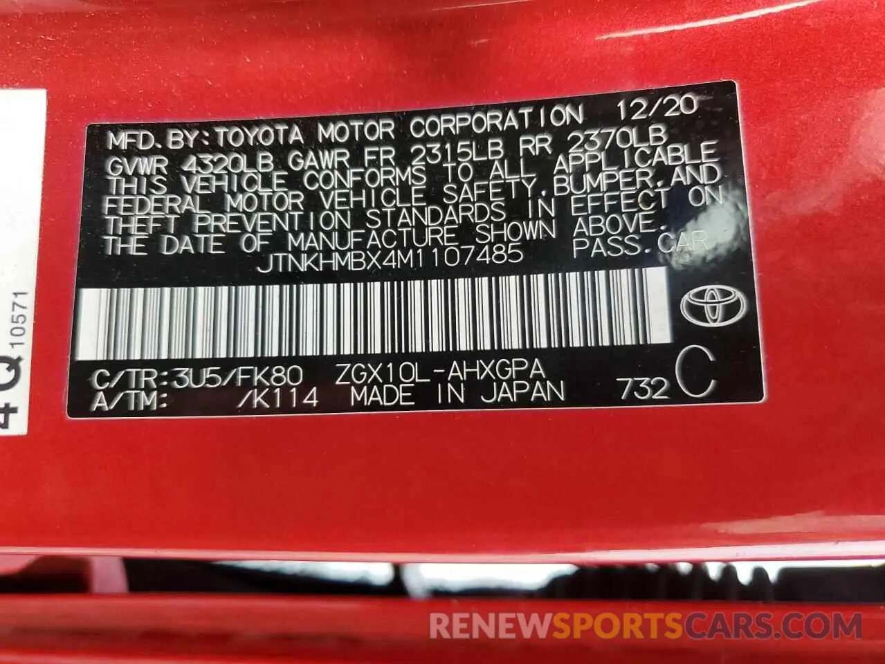 14 Photograph of a damaged car JTNKHMBX4M1107485 TOYOTA C-HR 2021