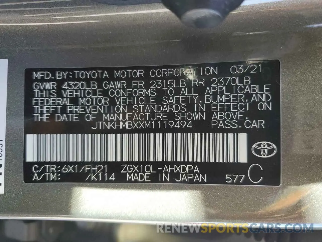 14 Photograph of a damaged car JTNKHMBXXM1119494 TOYOTA C-HR 2021