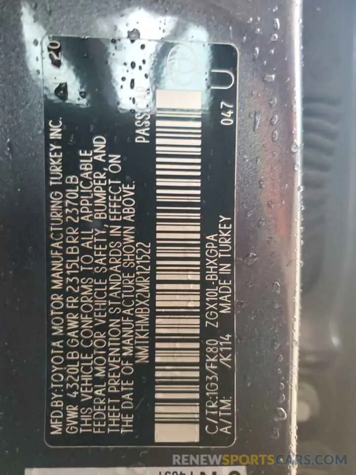 12 Photograph of a damaged car NMTKHMBX2MR121522 TOYOTA C-HR 2021