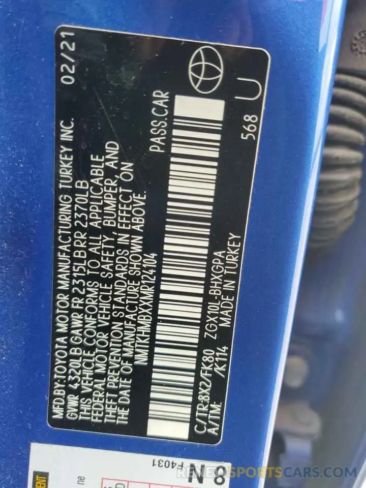 13 Photograph of a damaged car NMTKHMBXXMR124104 TOYOTA C-HR 2021