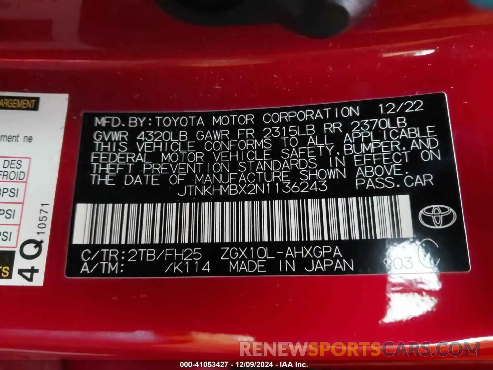 9 Photograph of a damaged car JTNKHMBX2N1136243 TOYOTA C-HR 2022