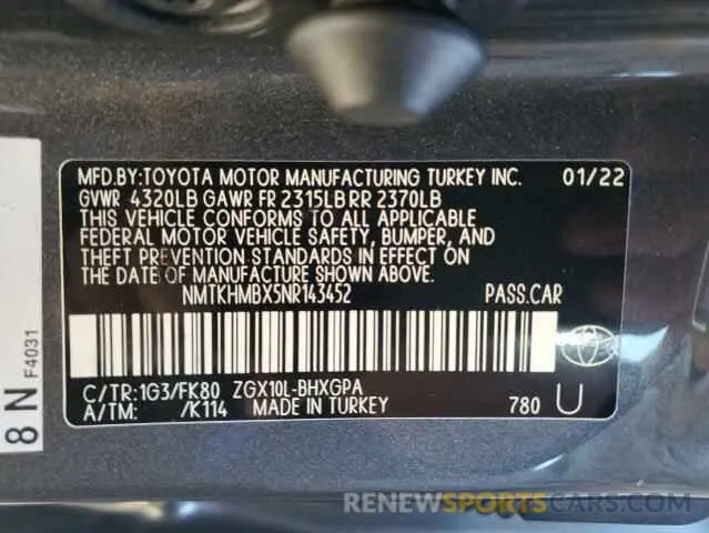 12 Photograph of a damaged car NMTKHMBX5NR143452 TOYOTA C-HR 2022